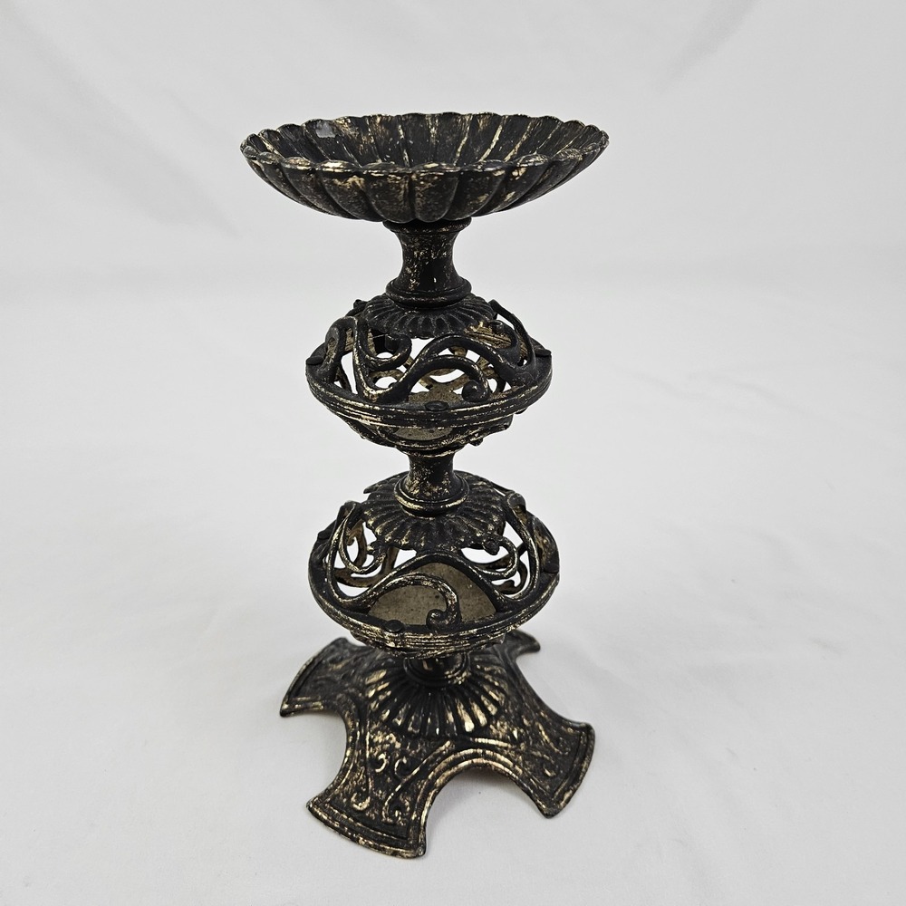 Brass Filigree Candle Holder Pierced Pillar Candlestick Moroccan Boho Old Patina